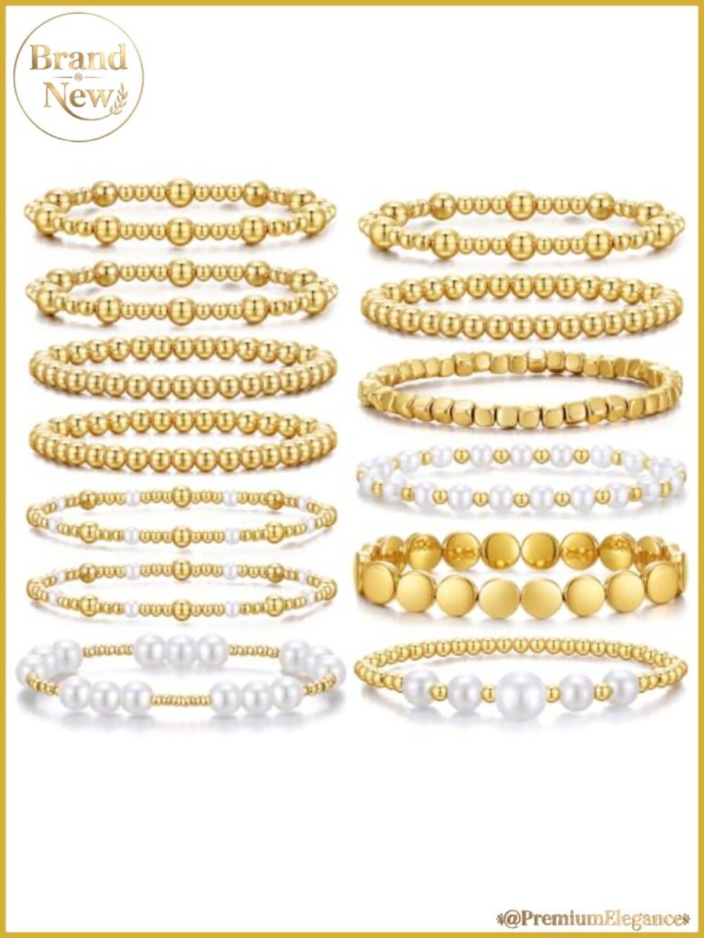 13 Piece Gold Beaded Stretch Bracelet Set with Faux Pearls